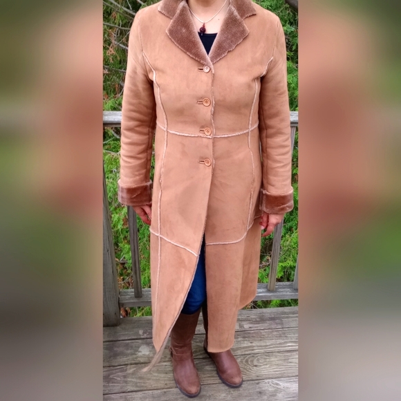 Blushe Impressions Faux Suede Shearling Coat. Long. Button Front. Size 6 Fitted - Picture 1 of 6